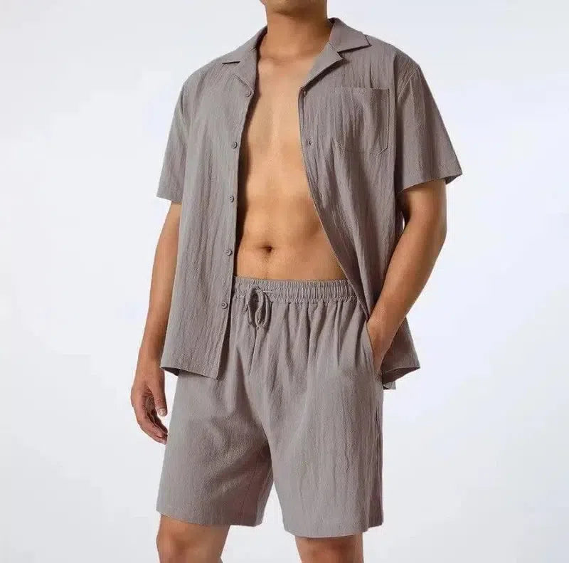 Men's Fashion Loose Casual Men's Shirt Two-Piece Set-Gray-1