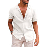 Men's Tops Casual Button Down Shirt Short Sleeve Beach Shirt-White-6