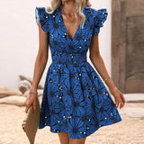 New Flowers Print Ruffled Sleeveless Dress Summer Sexy Deep-Blue-8