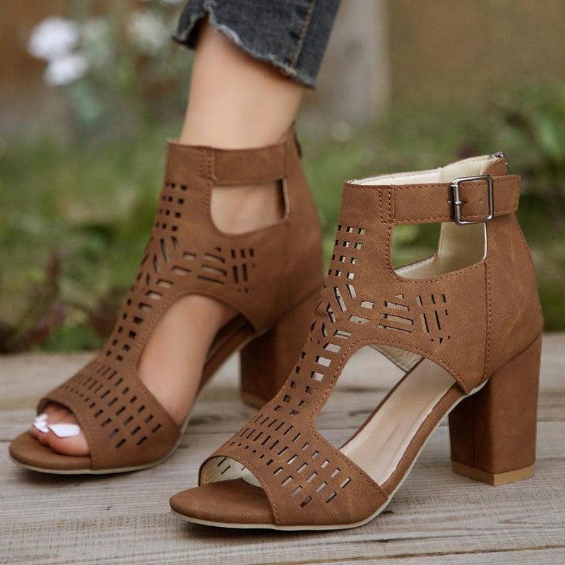 New High Square Heel Hollow Roman Shoes With Back Zipper-3