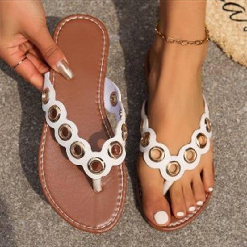 New Metal Hollow Circle Design Thong Sandals Summer Flat-2