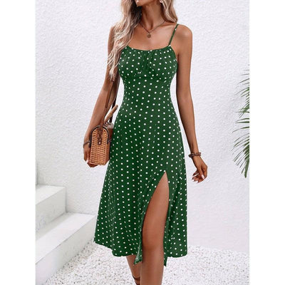 New Polka Dot Print Suspender Dress Summer Slit Long-Dark Green-5