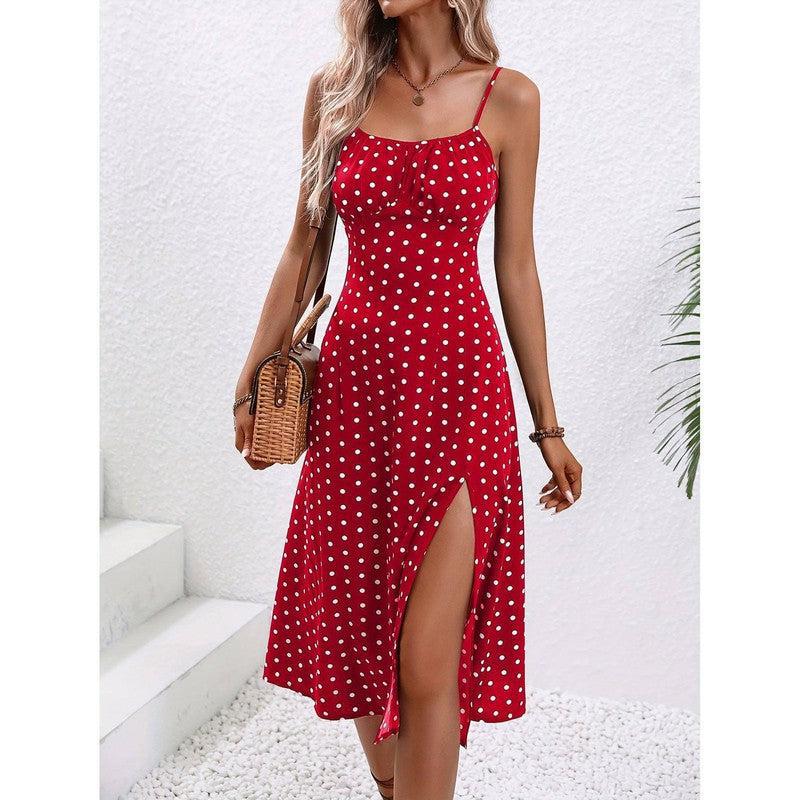 New Polka Dot Print Suspender Dress Summer Slit Long-Red-6