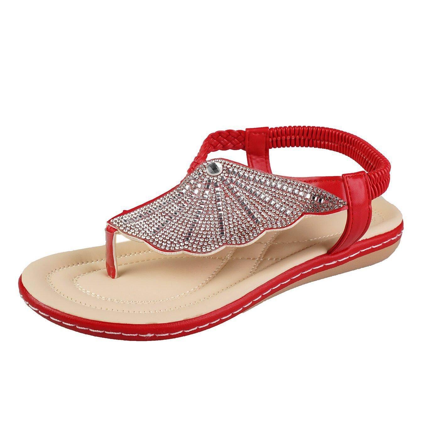 New Rhinestone Shell Flip-Flops Sandals Summer Beach Shoes-Red-8