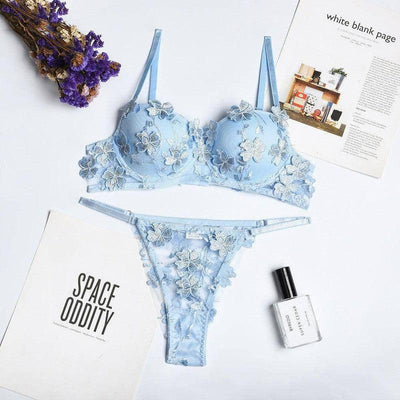 New Sexy Lingerie Set Flower Embroidery Girl Underwear With-Blue-5