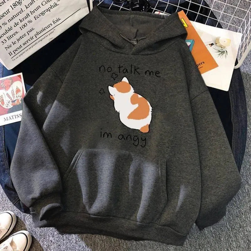 No Talk Me Cute Angry Cat Print Women Hoodie-DarkGray-9