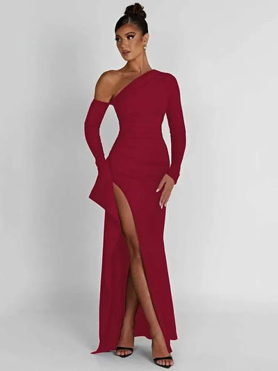 Oblique Shoulder High Split Maxi Dress - Sexy Backless Party-S-5