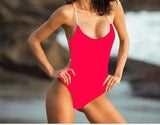 One Piece Braided Rope Swimsuit Solid Color Halter-Red-5