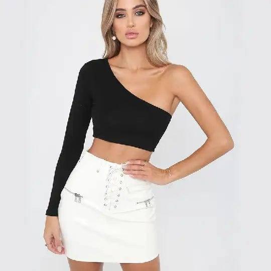 One-shoulder cotton crop top sport T-shirt-Black-6