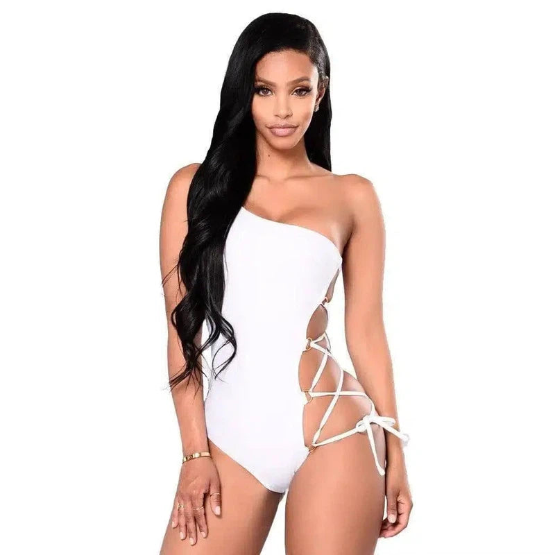 One-shoulder bikini swimsuit with hoop cross strap-1