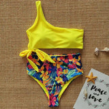 One Shoulder Strap Bikini Print Swimsuit-Yellow-2