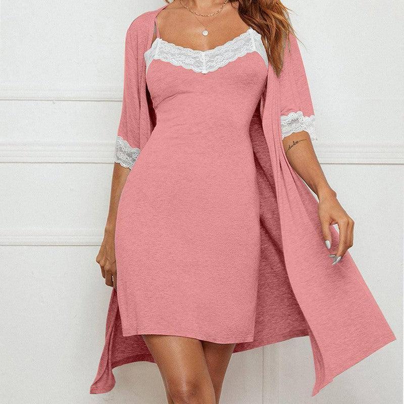 Pajama Suit Lace Stretch Slip Nightdress Nightgown Breathable Two-piece Set Home Wear-1