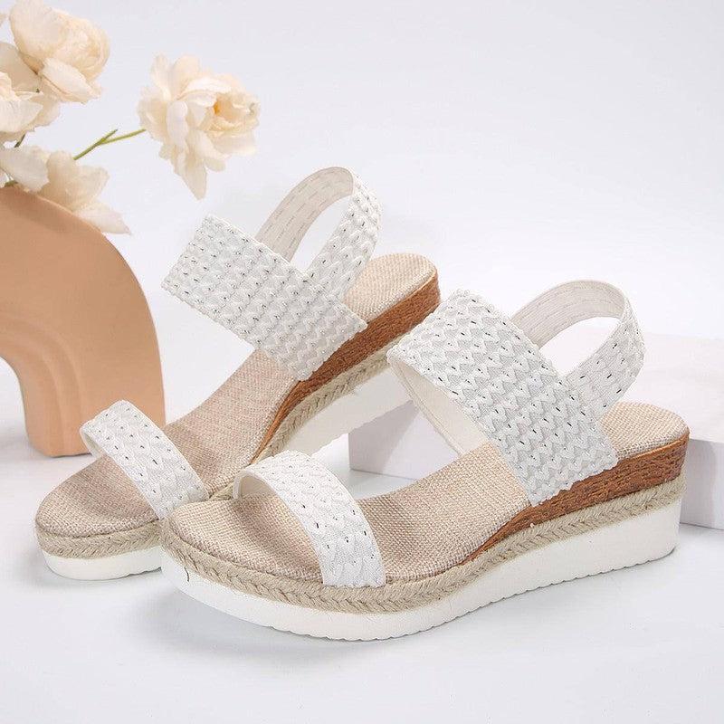 Chic Black Wedge Peep Toe Sandals for Women-White-7