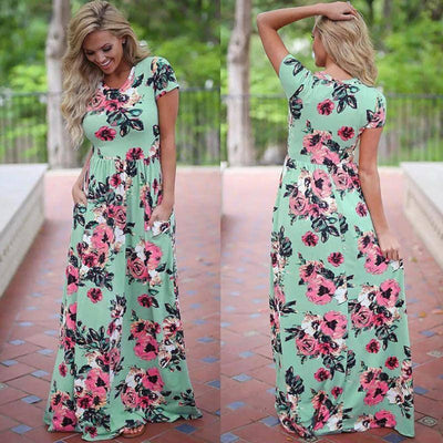 Pink Floral Boho Maxi Dress - Summer 2022 Beach Party Wear-Green-2