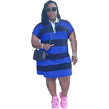 HLJ&GG Fashion Casual Stripe Print Mini Dress Plus Size Women Clorthing Female Turn-Down Button Dresses Vestidos 2022 Summer New-blue-10