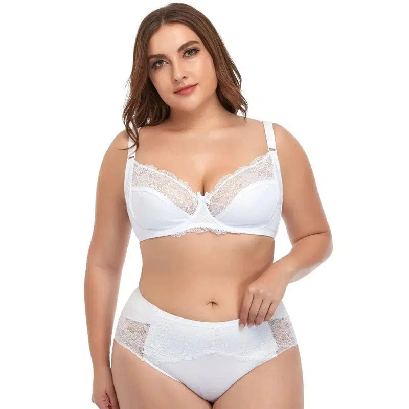 Plus Size Underwire Lace Trim Lingerie-White-7