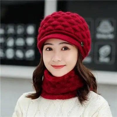 Plush thick warm ear protection scarf hat-Winered-2