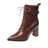 Pointed-toe Boots Winter Alligator Pattern Lace-up Shoes-Dark brown-9