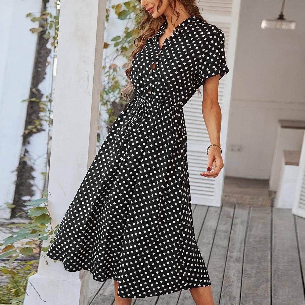 Polka Dot Print Shirt Collar Large Swing Dress-Black-2