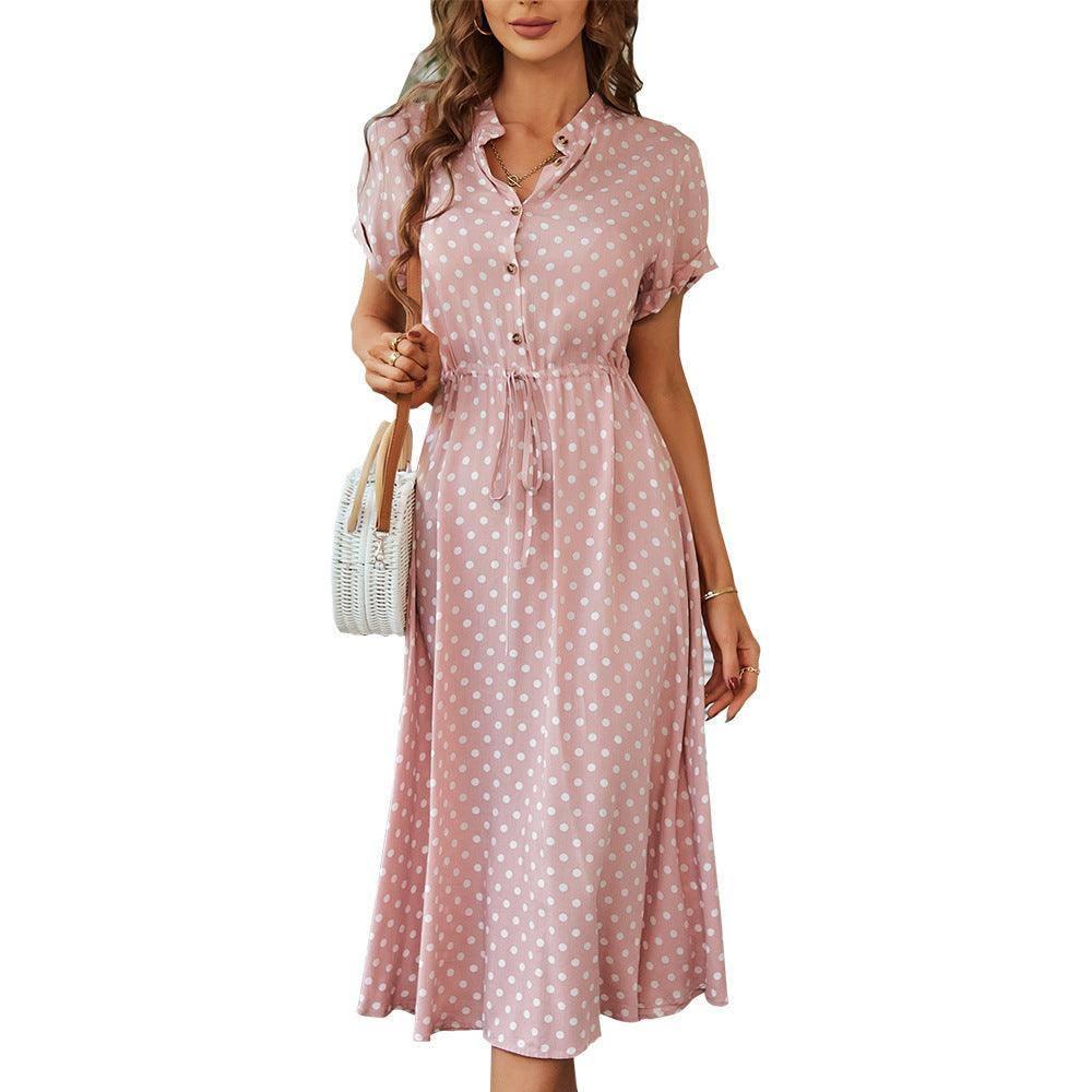 Polka Dot Print Shirt Collar Large Swing Dress-5