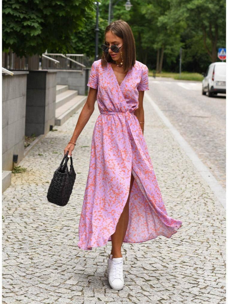 Polka dot printed tie waist V-neck mid length short sleeved-pink-1