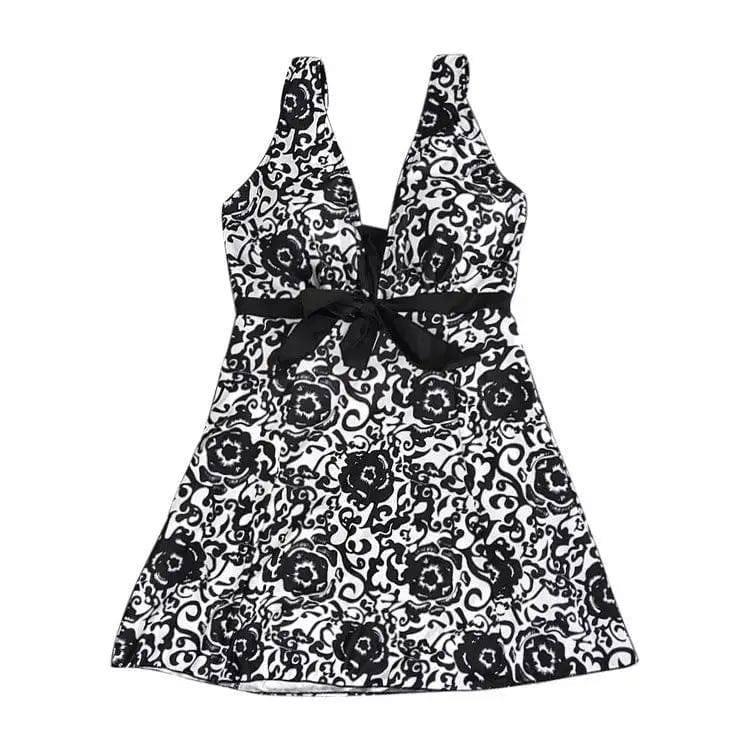 Print plus-size skirt split swimsuit-Black-3