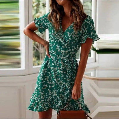 Printed V-Neck Tie High Waist Chiffon Floral Dress-Green-4