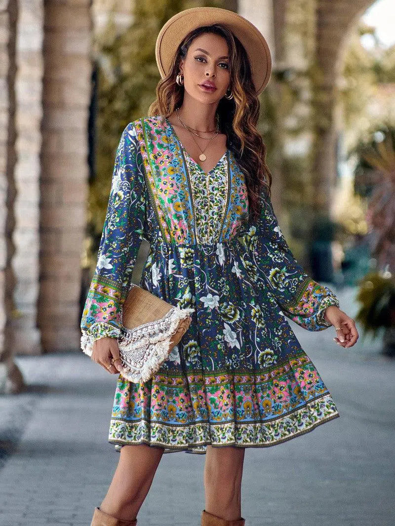 Printed V-neck Waist-controlled Long Sleeves Dress Women-7