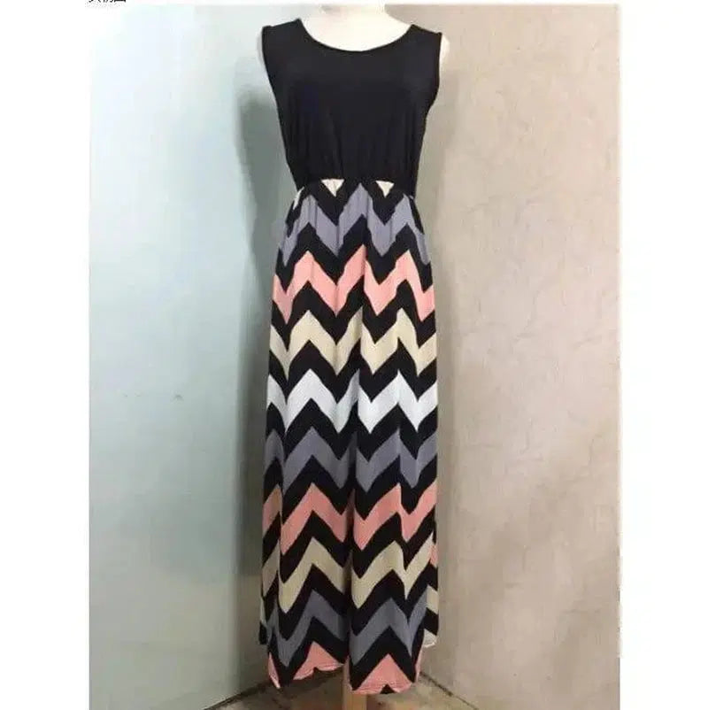 Printed Waves Stripe Long Skirt Dress-Blackpink-13