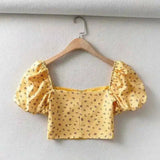 Puff Sleeve Crop Top with Button Details-Yellow-2