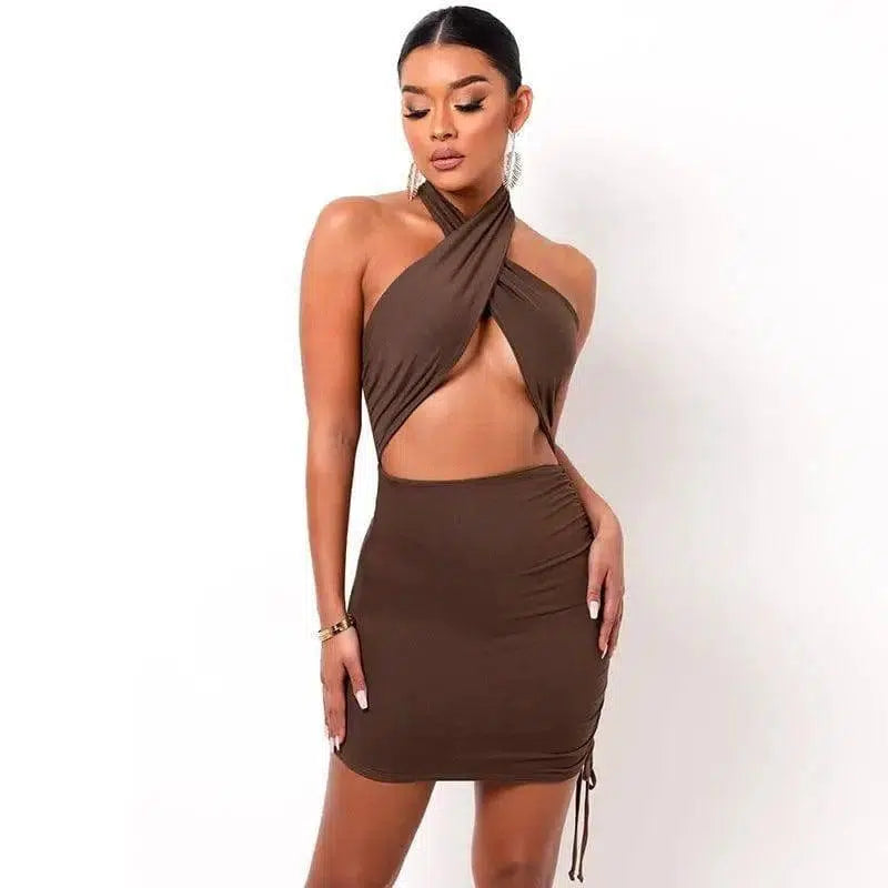 Pure Color Cross Halter Halter Back And Navel Dress-Brown-4