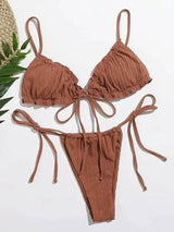 Pure Color Split Body Slim Hot Spring Swimsuit Bikini-Coffee-1