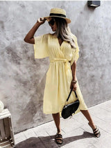 Pure Color Wide Loose Short Sleeve V-Neck Dress-Yellow-3