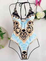 Retro print swimsuit one-piece bikini-Blue-4