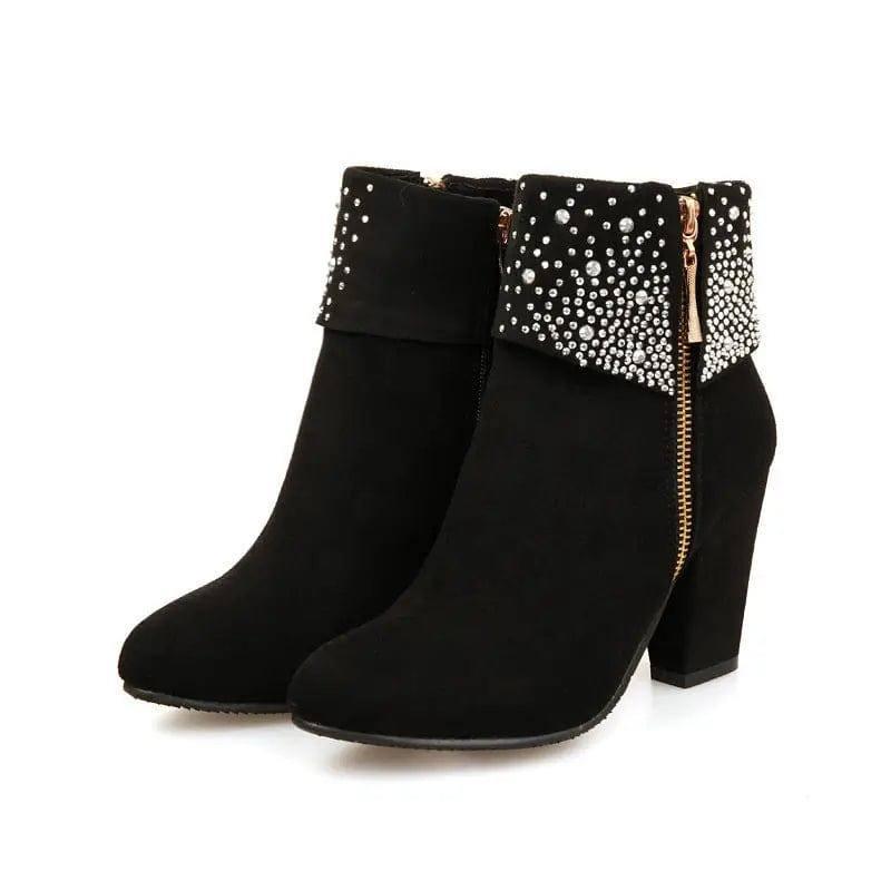 Rhinestone nubuck short heel women boots-3