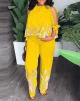 Round Neck Raglan Half Sleeve Beaded Positioning Printed Trousers Suit-Yellow-5