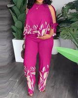 Round Neck Raglan Half Sleeve Beaded Positioning Printed Trousers Suit-Pink-7