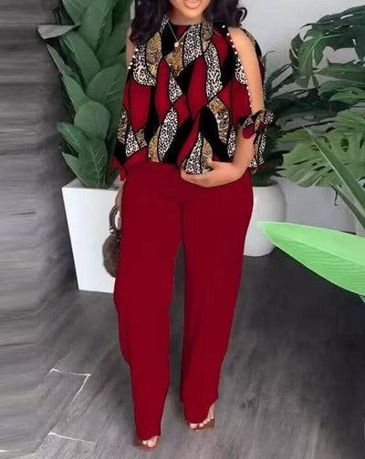 Round Neck Raglan Half Sleeve Beaded Positioning Printed Trousers Suit-Red-8