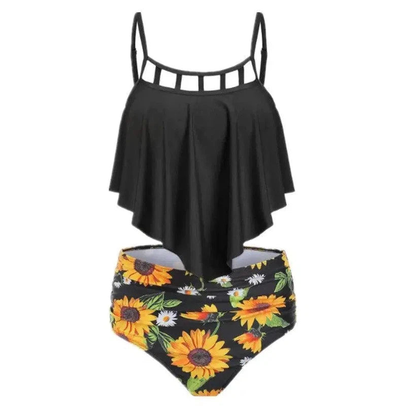 Ruffled Sunflower-print High-rise Bikini European-Black-4