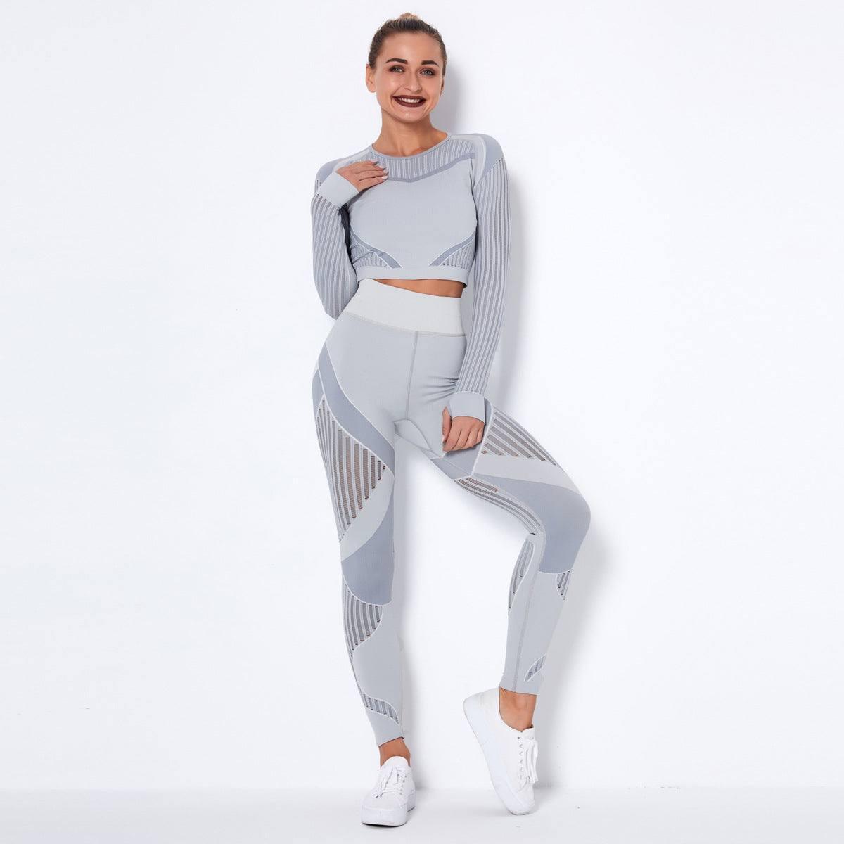 Seamless Knitted Absorbent Yoga Long-Sleeved Suit Yoga-Light Grey-11