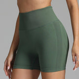 Seamless Yoga Shorts Women Solid Color High Waist Hip-lifting Fitness Pants Running Sweatpants-Army Green-12