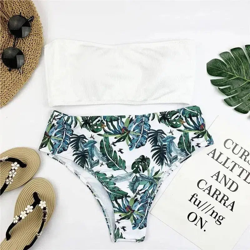 Bandeau Bikini Set Women Print Swimwear-White-4