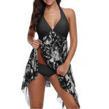 Bikini Irregular Hem Split Floral Swimsuit-Black-2