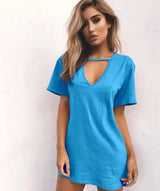 deep V short-sleeved T-shirt loose casual dress-Skyblue-49