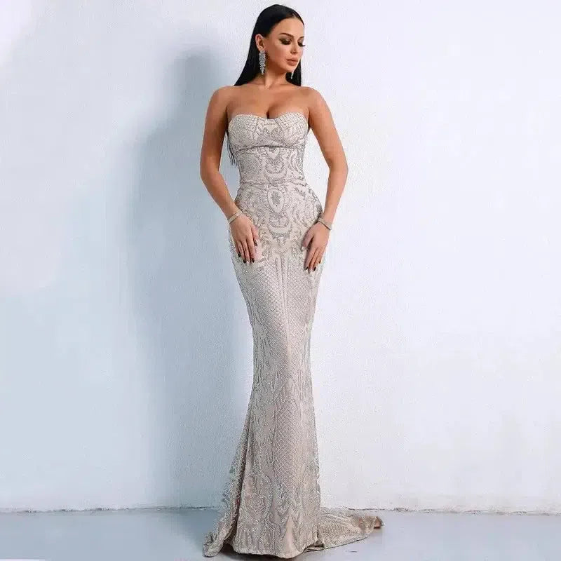 ELEGANT STRAPLESS GEOMETRIC EVENING DRESS-silvery-7