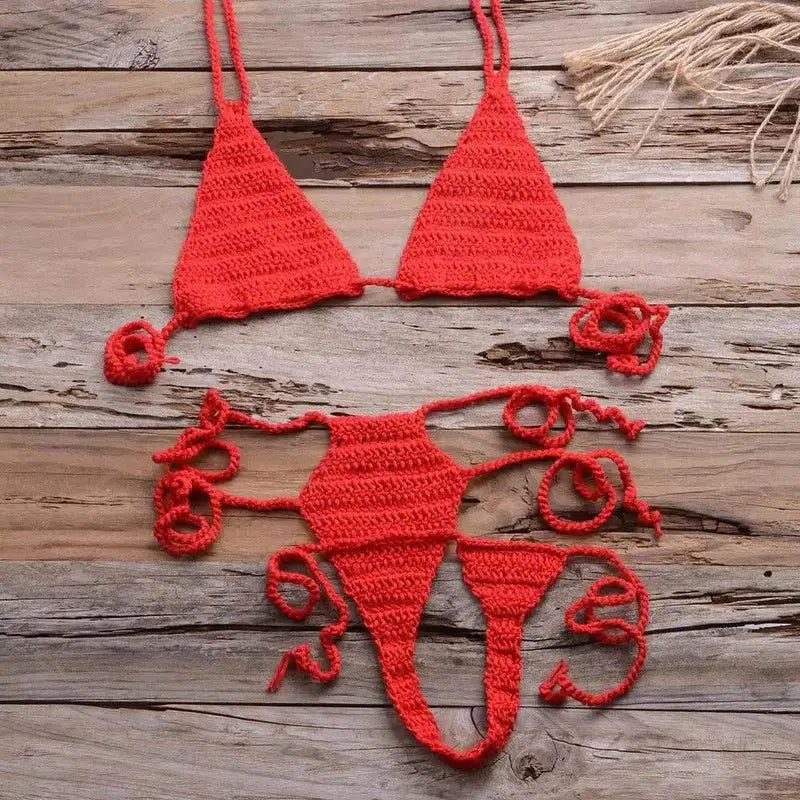 Hand Woven Beach Bikini Swimsuit-Red-5