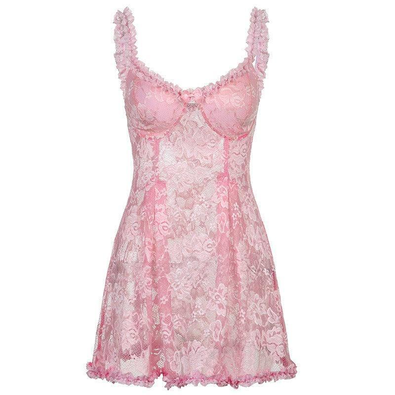 lace perspective lace camisole dress with V-neck,-pink-1