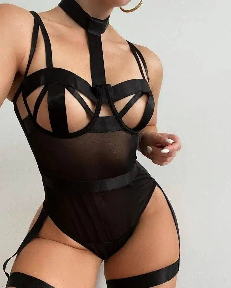 Sexy Lingerie Bodysuit With Halter Neck And Garter-6