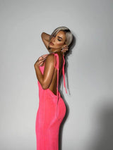 Slim Backless Dress Summer Camisole Gown Lace-up Long-Pink-13