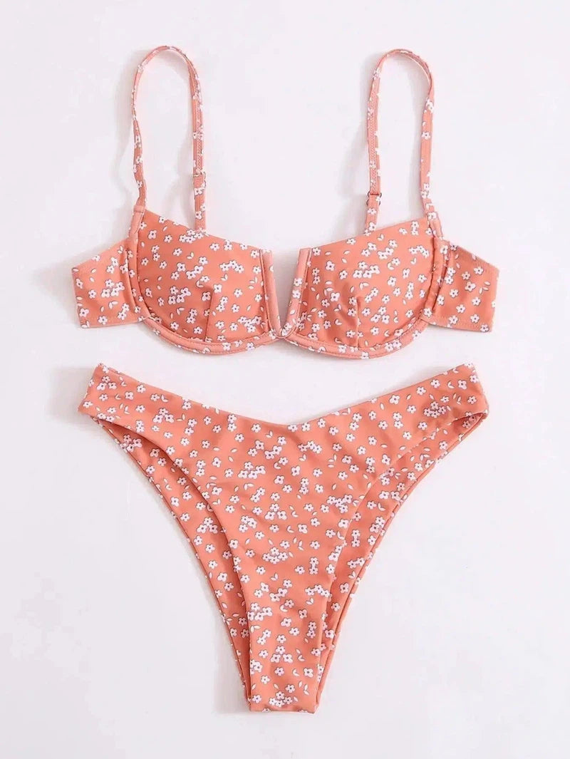 Small Floral Bikini Split Female Swimsuit-Orange-1